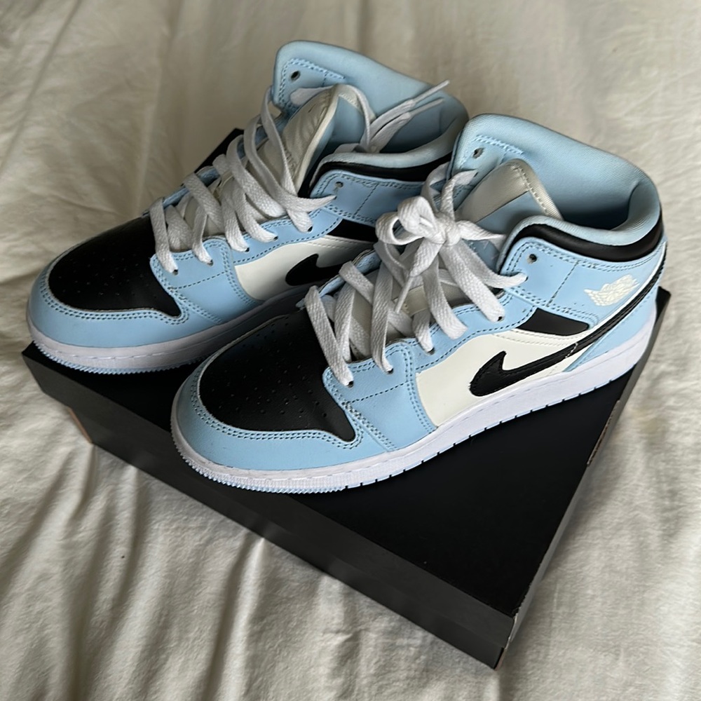 Air Jordan 1 Mid, Ice Blue/Black-Sail-White, Youth Boys Size 5, Worn Once